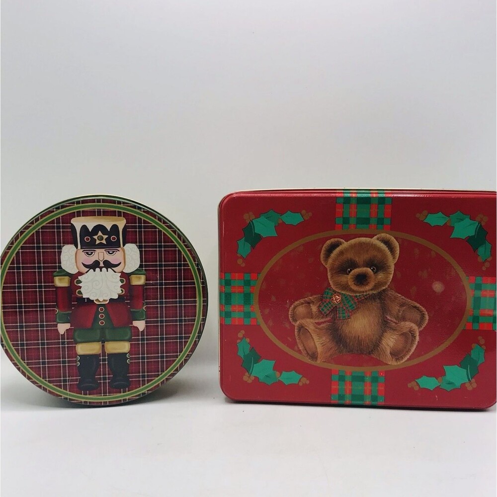 Lot of 2 Plaid Teddy Bear, Nutcracker Christmas Holiday Candy Cookies Tins